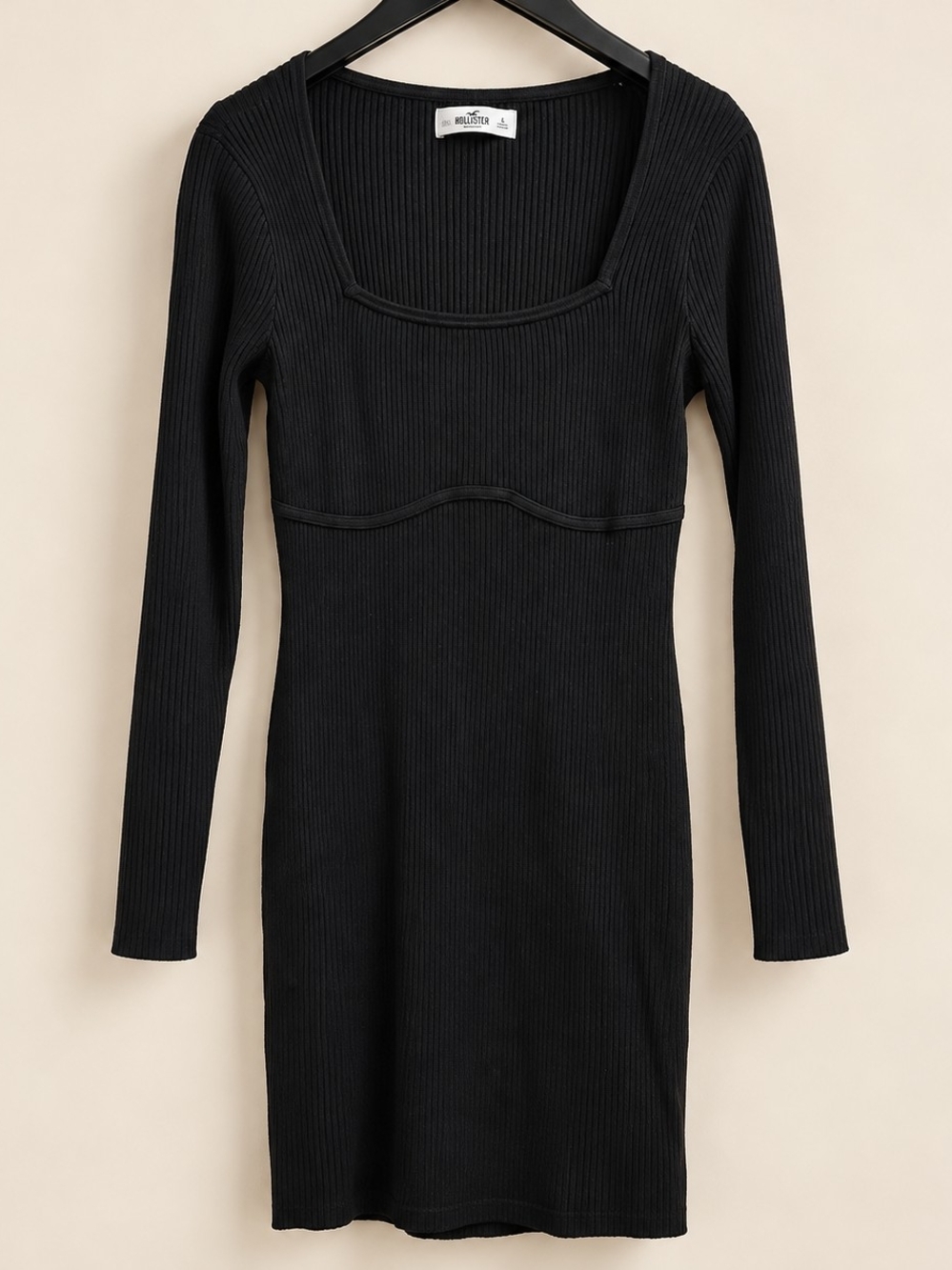 Hollister Black Ribbed Knit Square Neck Bodycon Dress Size L - Picture 2 of 10